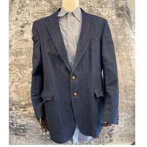 Vintage Farah Mens 46L Denim Country Western Style Blazer Rockabilly Jacket Blue